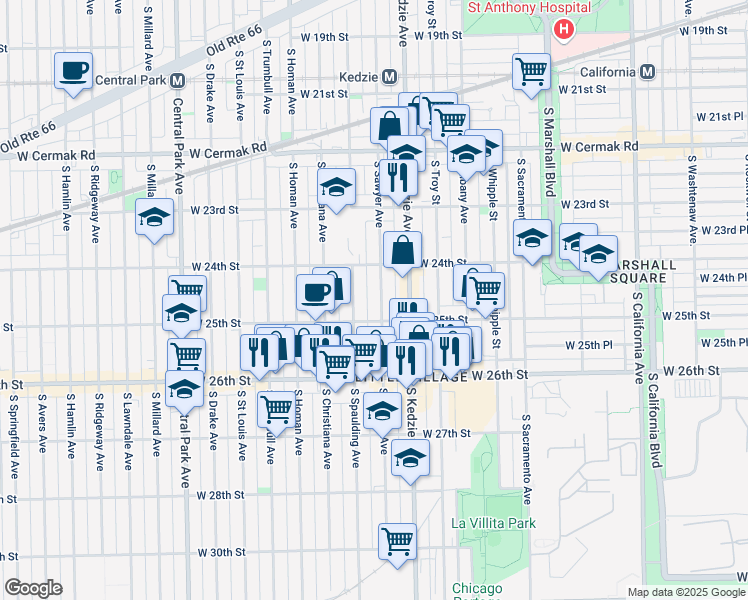 map of restaurants, bars, coffee shops, grocery stores, and more near 2436 South Sawyer Avenue in Chicago