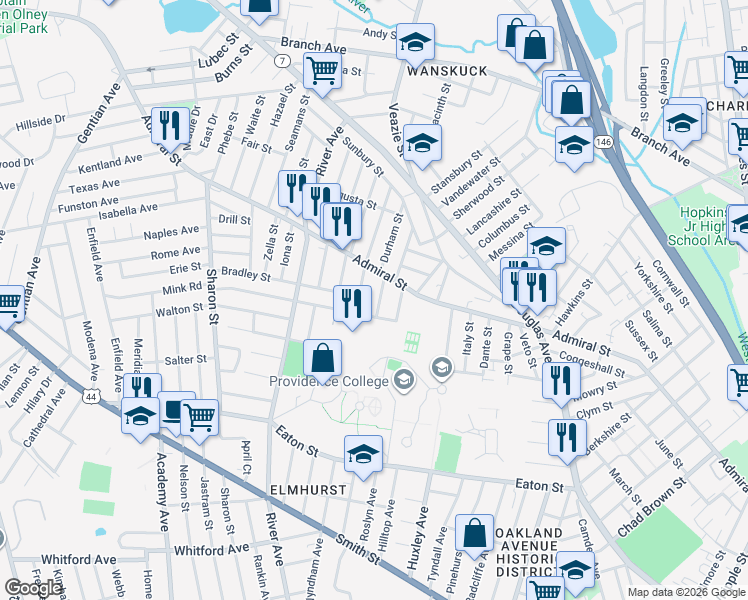 map of restaurants, bars, coffee shops, grocery stores, and more near 58 Carteret Street in Providence