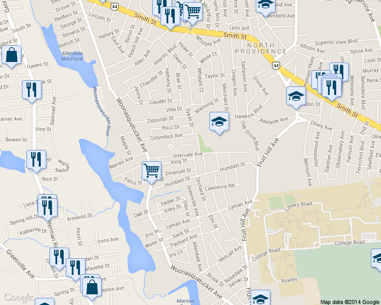 map of restaurants, bars, coffee shops, grocery stores, and more near 39 Intervale Ave in North Providence