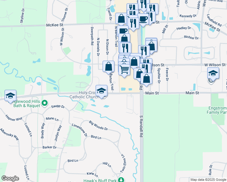 map of restaurants, bars, coffee shops, grocery stores, and more near 2201 Main Street Road in Batavia