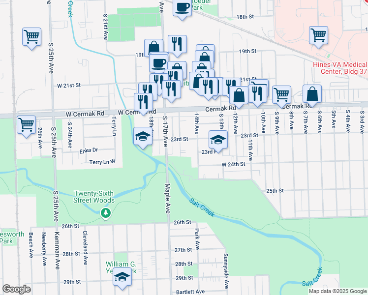 map of restaurants, bars, coffee shops, grocery stores, and more near 2317 South 15th Avenue in North Riverside