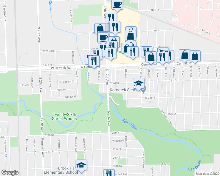 map of restaurants, bars, coffee shops, grocery stores, and more near 2317 South 17th Avenue in North Riverside