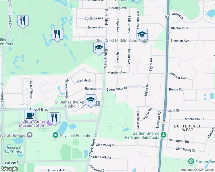 map of restaurants, bars, coffee shops, grocery stores, and more near 626 Buena Vista Drive in Glen Ellyn