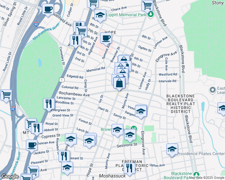 map of restaurants, bars, coffee shops, grocery stores, and more near 216 Rochambeau Avenue in Providence