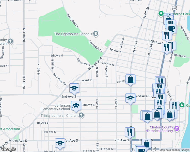 map of restaurants, bars, coffee shops, grocery stores, and more near 212 North 6th Street in Clinton