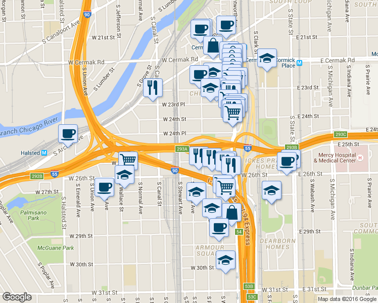 map of restaurants, bars, coffee shops, grocery stores, and more near 331 West 25th Place in Chicago