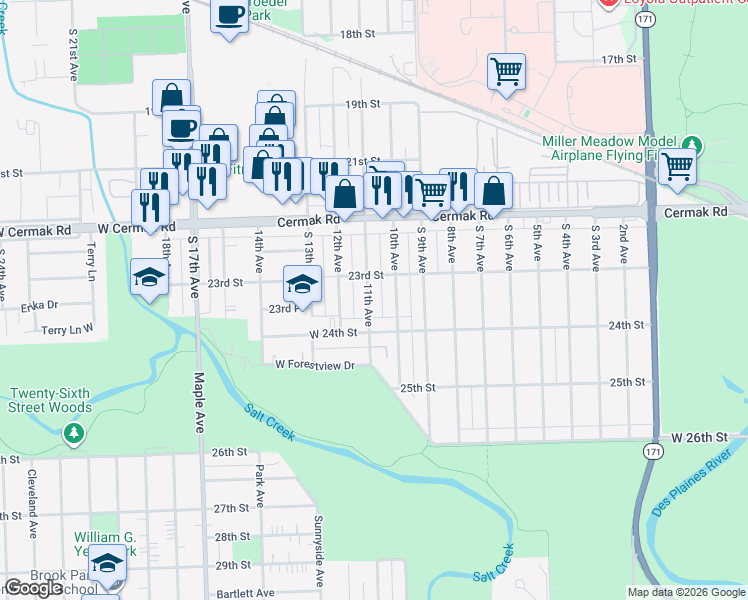 map of restaurants, bars, coffee shops, grocery stores, and more near 2327 South 11th Avenue in Riverside