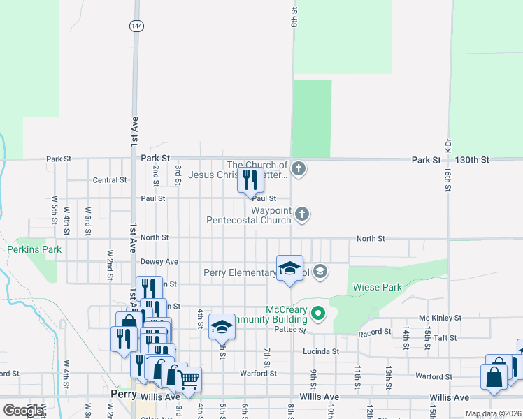 map of restaurants, bars, coffee shops, grocery stores, and more near 1701 Paul Street in Perry