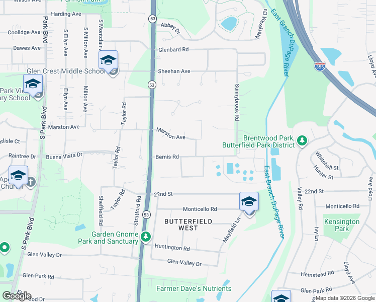 map of restaurants, bars, coffee shops, grocery stores, and more near 880 Bemis Road in Glen Ellyn