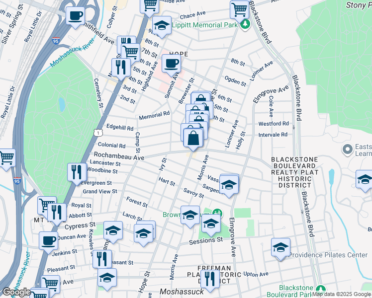 map of restaurants, bars, coffee shops, grocery stores, and more near 222 Rochambeau Avenue in Providence