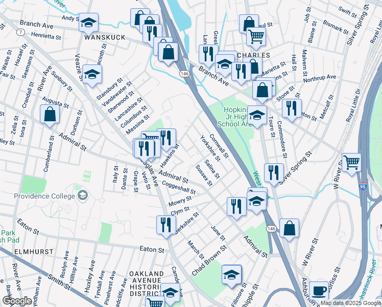map of restaurants, bars, coffee shops, grocery stores, and more near 8 Glasgow Street in Providence