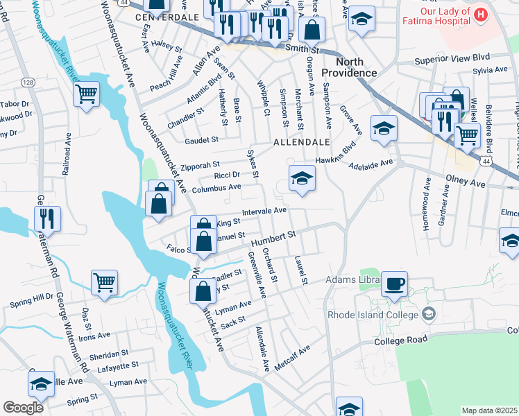 map of restaurants, bars, coffee shops, grocery stores, and more near 39 Intervale Avenue in North Providence