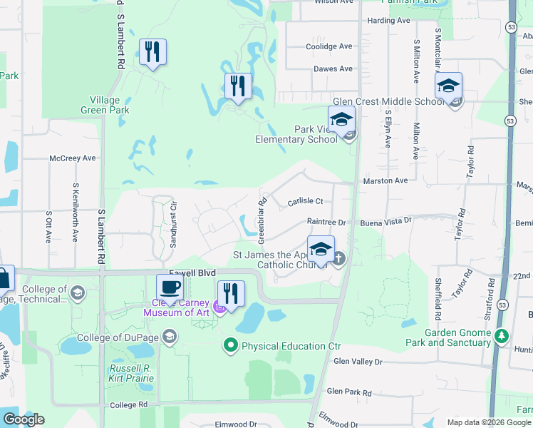 map of restaurants, bars, coffee shops, grocery stores, and more near 501 Greenbriar Road in Glen Ellyn