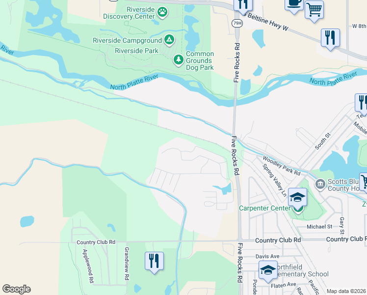 map of restaurants, bars, coffee shops, grocery stores, and more near 30 Ridge Drive in Gering