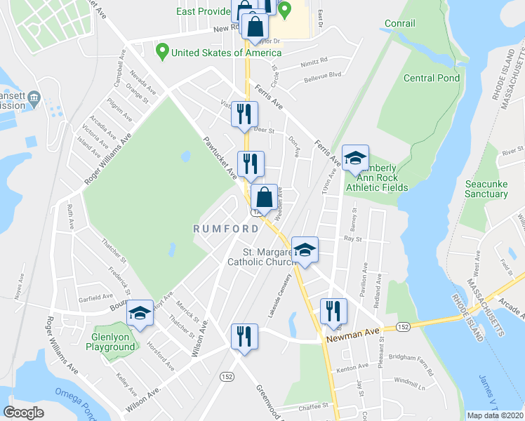 map of restaurants, bars, coffee shops, grocery stores, and more near 522 Pawtucket Avenue in East Providence