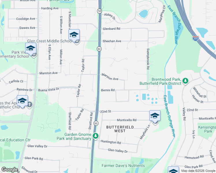 map of restaurants, bars, coffee shops, grocery stores, and more near 832 Bemis Road in Glen Ellyn