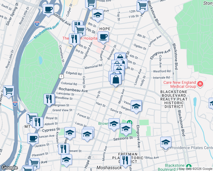 map of restaurants, bars, coffee shops, grocery stores, and more near 216 Rochambeau Avenue in Providence