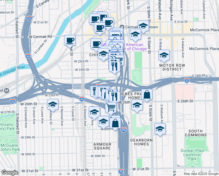 map of restaurants, bars, coffee shops, grocery stores, and more near 227 West 25th Place in Chicago