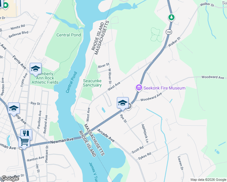 map of restaurants, bars, coffee shops, grocery stores, and more near 167 West Avenue in Seekonk