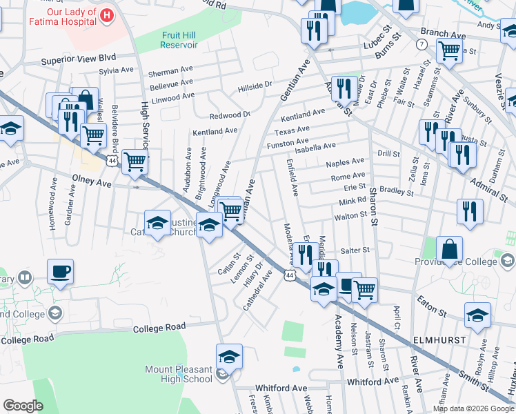 map of restaurants, bars, coffee shops, grocery stores, and more near 95 Ardmore Avenue in Providence