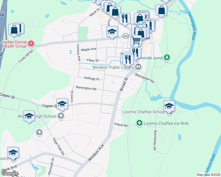 map of restaurants, bars, coffee shops, grocery stores, and more near 6 Remington Road in Windsor