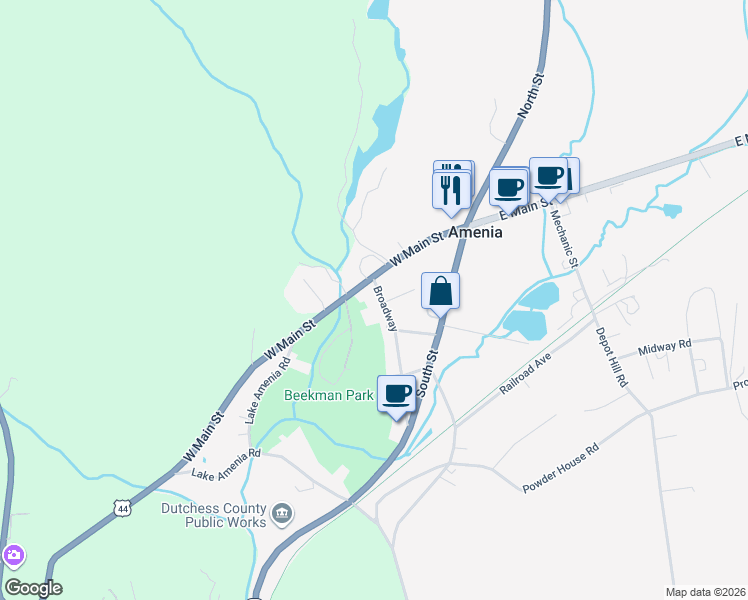 map of restaurants, bars, coffee shops, grocery stores, and more near 61 Broadway in Amenia
