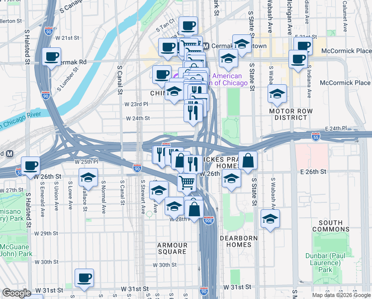 map of restaurants, bars, coffee shops, grocery stores, and more near 227 West 25th Place in Chicago