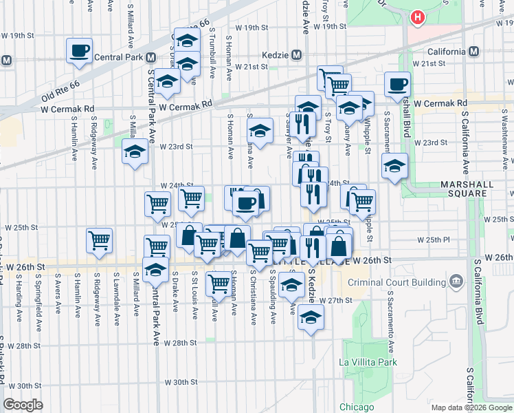 map of restaurants, bars, coffee shops, grocery stores, and more near 2434 South Spaulding Avenue in Chicago