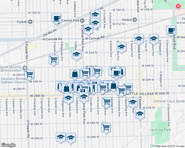 map of restaurants, bars, coffee shops, grocery stores, and more near 2432 South Drake Avenue in Chicago