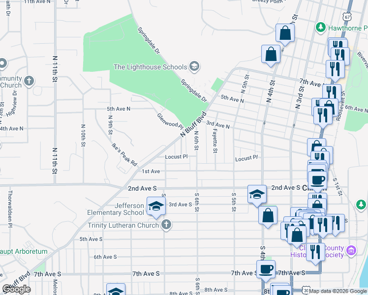 map of restaurants, bars, coffee shops, grocery stores, and more near 212 North 6th Street in Clinton