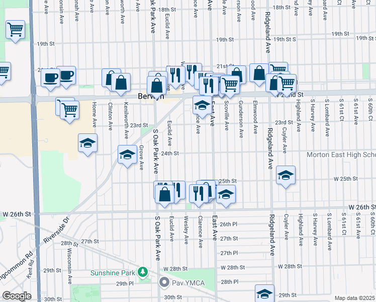 map of restaurants, bars, coffee shops, grocery stores, and more near 2347 Wesley Avenue in Berwyn
