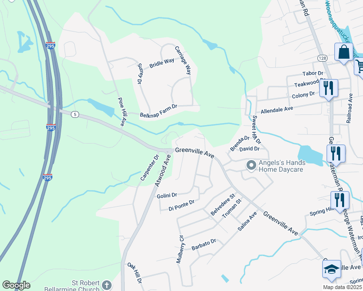 map of restaurants, bars, coffee shops, grocery stores, and more near 509 Greenville Avenue in Johnston