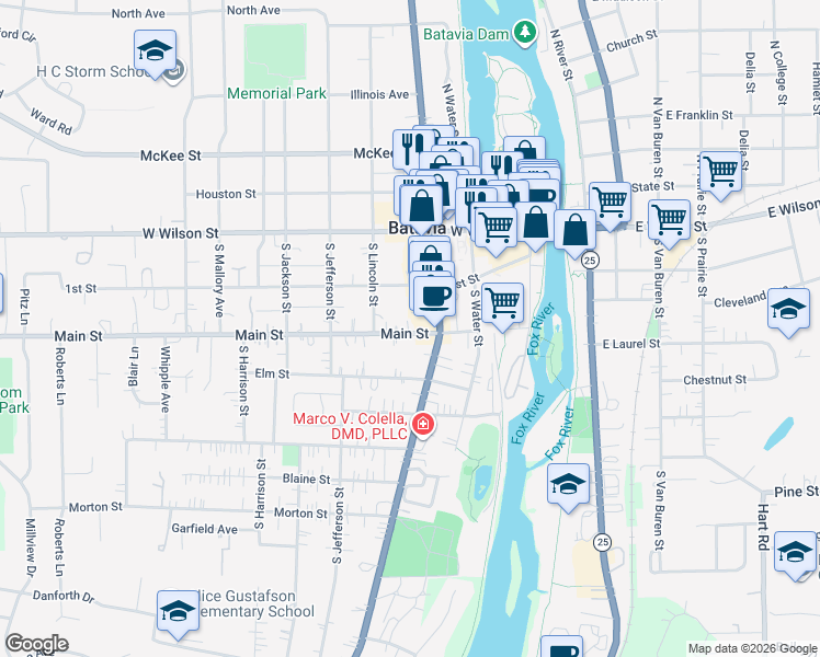 map of restaurants, bars, coffee shops, grocery stores, and more near in Batavia