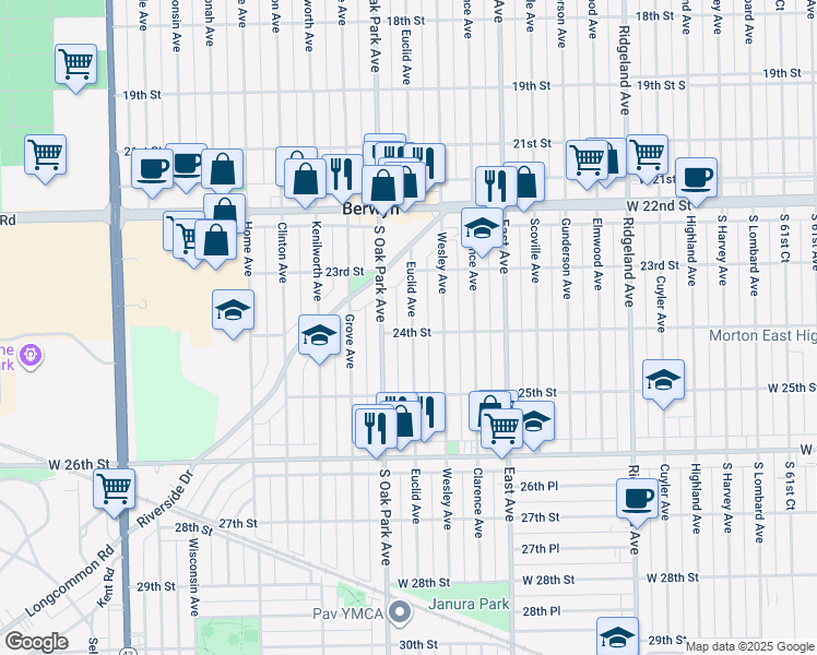 map of restaurants, bars, coffee shops, grocery stores, and more near 2344 Euclid Avenue in Berwyn