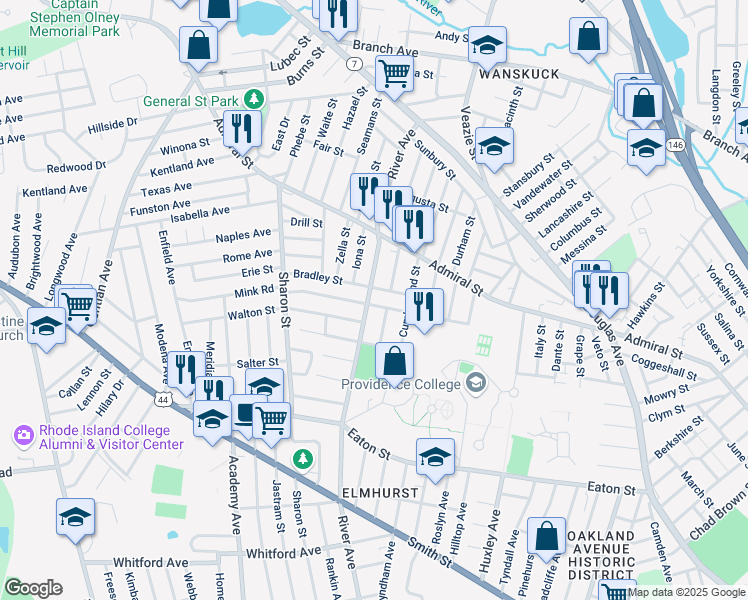 map of restaurants, bars, coffee shops, grocery stores, and more near 701 River Avenue in Providence
