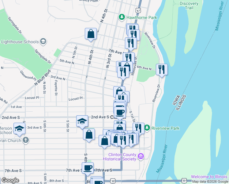 map of restaurants, bars, coffee shops, grocery stores, and more near 211 3rd Avenue North in Clinton