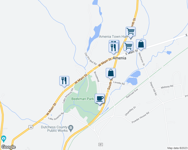 map of restaurants, bars, coffee shops, grocery stores, and more near 61 Broadway in Amenia