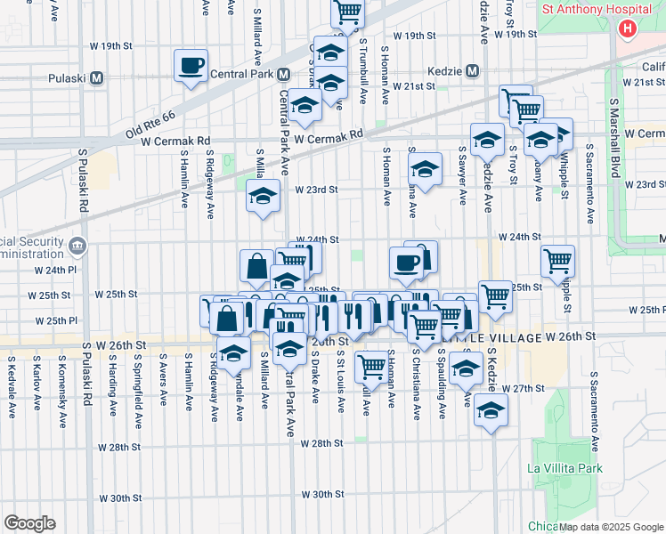 map of restaurants, bars, coffee shops, grocery stores, and more near 2430 South Saint Louis Avenue in Chicago