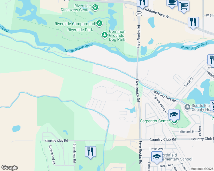map of restaurants, bars, coffee shops, grocery stores, and more near 30 Ridge Drive in Gering