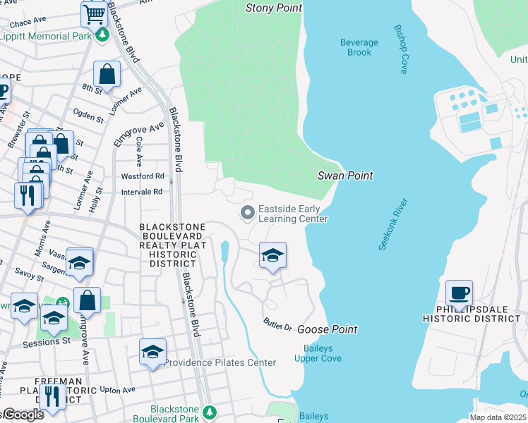 map of restaurants, bars, coffee shops, grocery stores, and more near 353 Blackstone Boulevard in Providence