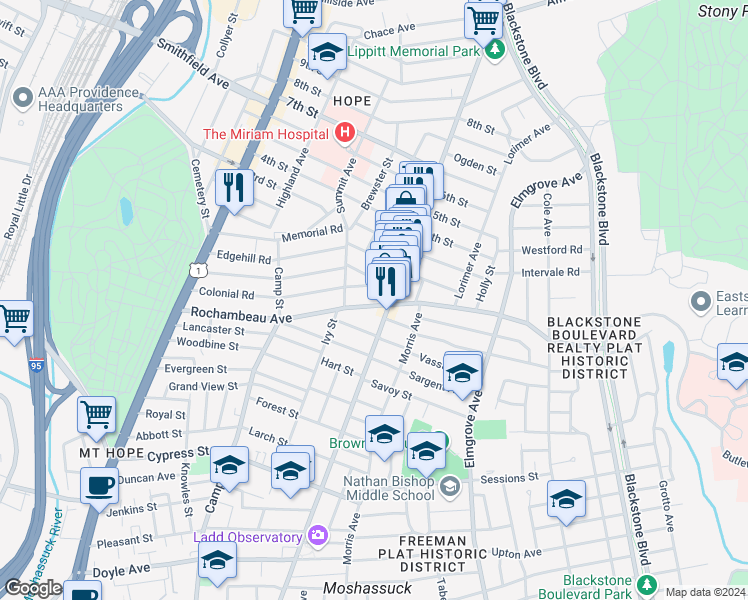 map of restaurants, bars, coffee shops, grocery stores, and more near 216 Rochambeau Avenue in Providence