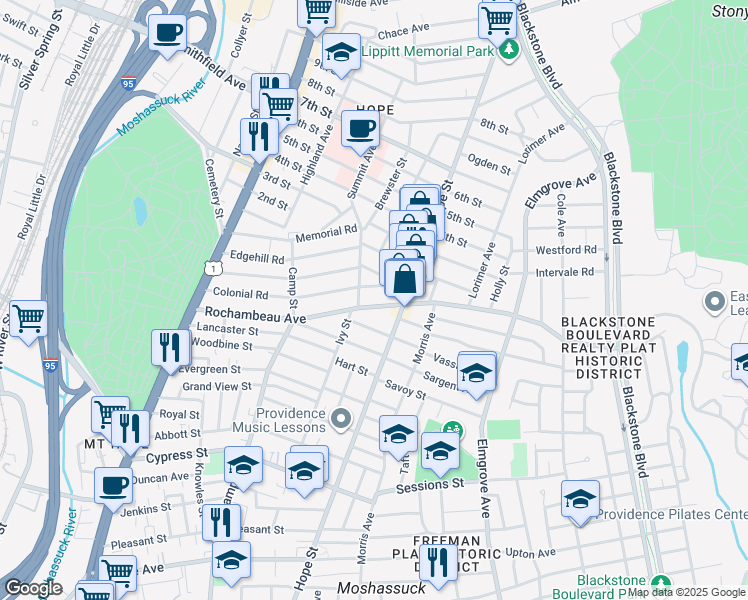 map of restaurants, bars, coffee shops, grocery stores, and more near 216 Rochambeau Avenue in Providence