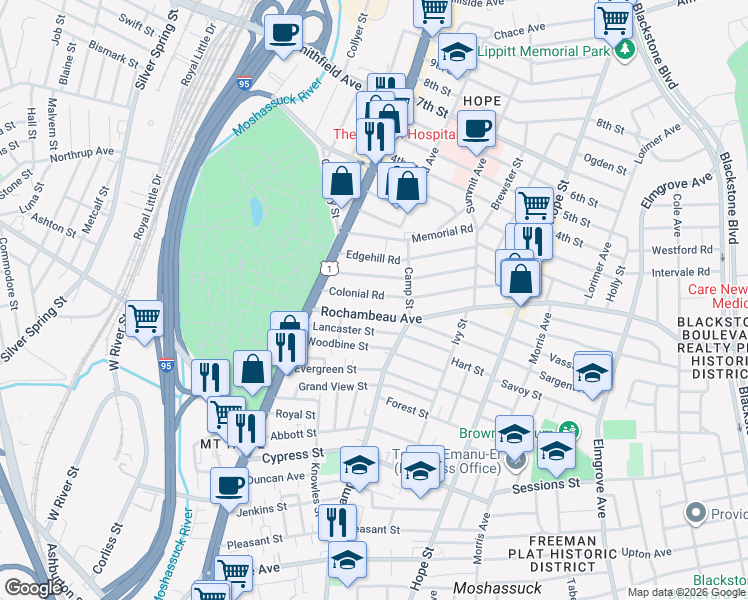 map of restaurants, bars, coffee shops, grocery stores, and more near 132 Colonial Road in Providence