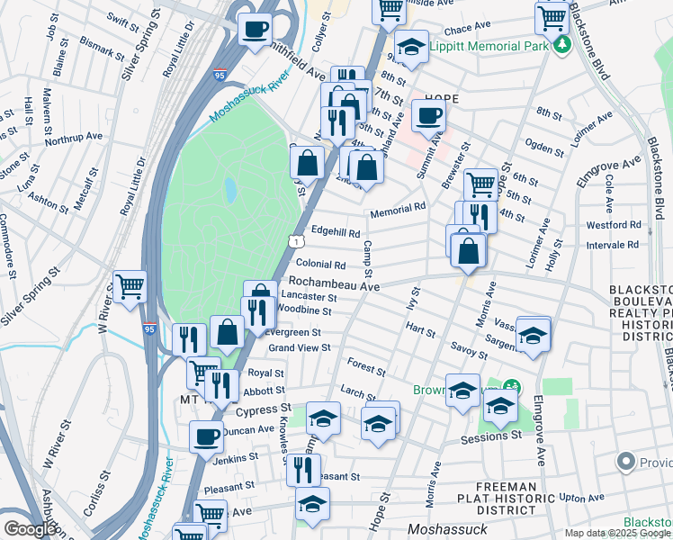 map of restaurants, bars, coffee shops, grocery stores, and more near 132 Colonial Road in Providence