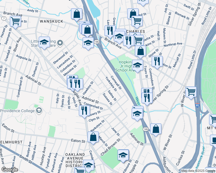 map of restaurants, bars, coffee shops, grocery stores, and more near 83 Cheshire Street in Providence