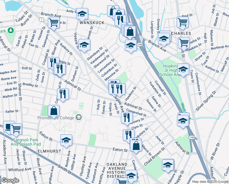 map of restaurants, bars, coffee shops, grocery stores, and more near 619 Rhode Island 7 in Providence