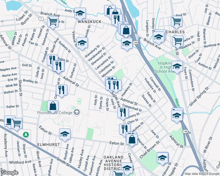 map of restaurants, bars, coffee shops, grocery stores, and more near 619 Rhode Island 7 in Providence