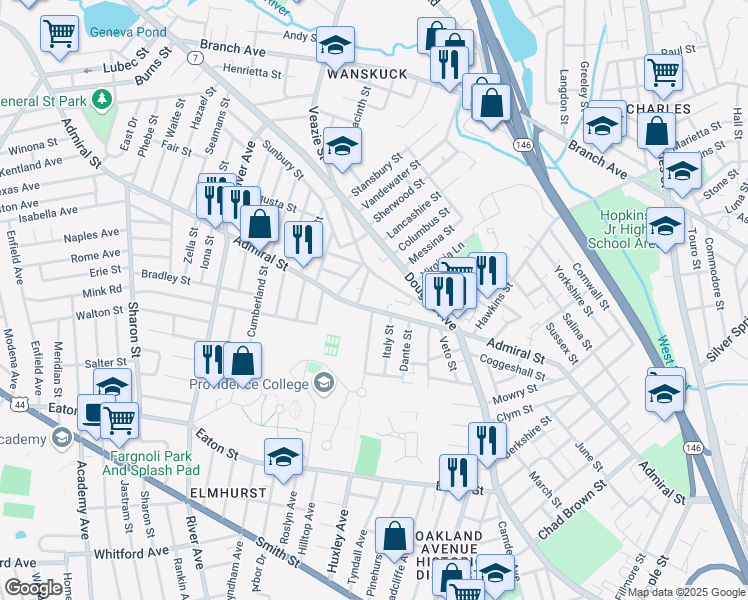 map of restaurants, bars, coffee shops, grocery stores, and more near 494 Admiral Street in Providence