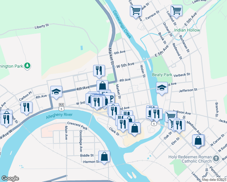 map of restaurants, bars, coffee shops, grocery stores, and more near 301 Market Street in Warren
