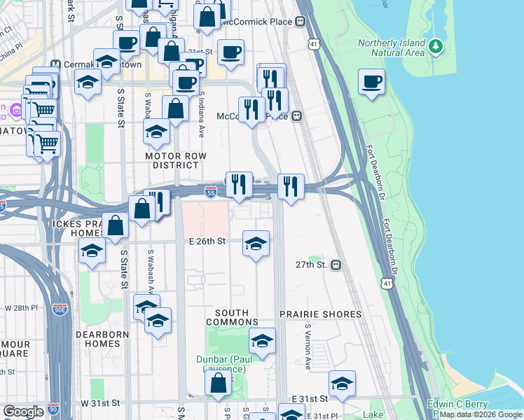 map of restaurants, bars, coffee shops, grocery stores, and more near 2520 South King Drive in Chicago